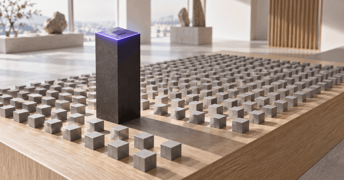 One oversized glowing graphite chip block towering over rows of small uniform blocks on a bright desk, with a restrained violet accent