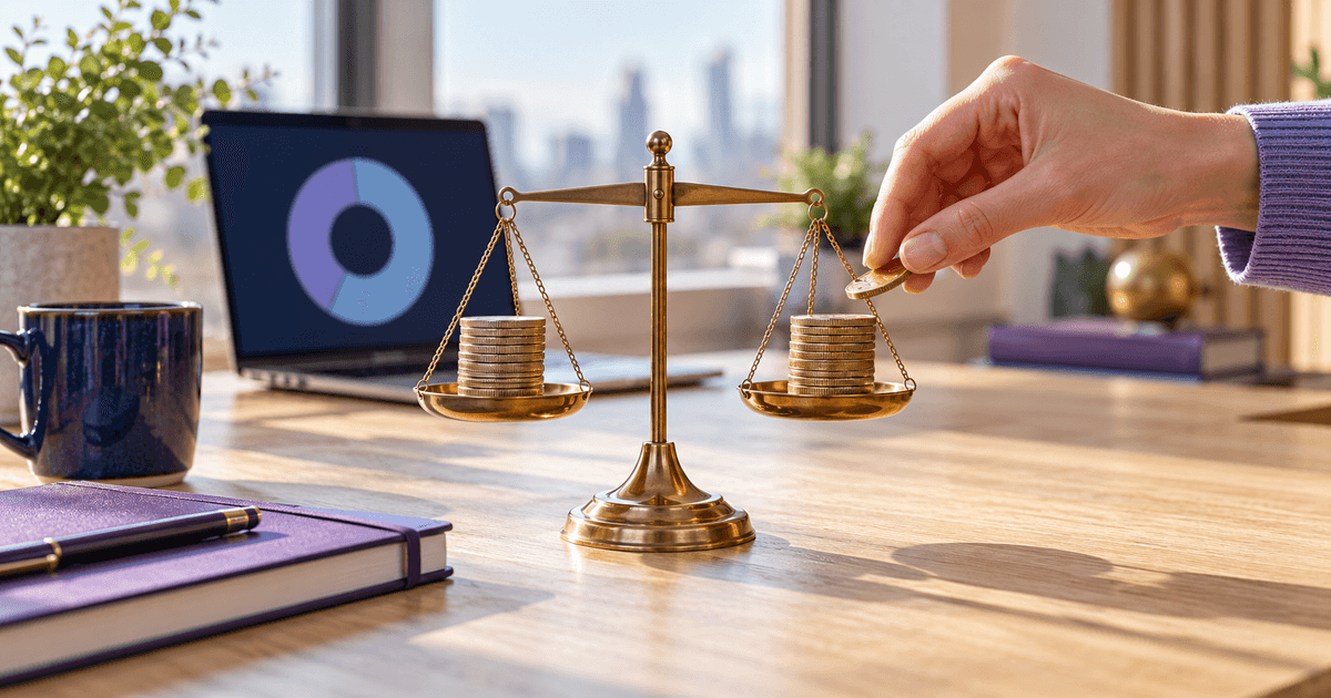 Two neat stacks of coins being evened out on a balance scale on a desk in soft morning light, beside a violet notebook