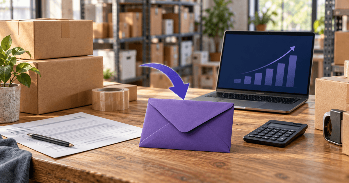 A small warehouse packing table with cardboard boxes, a customs entry form, a calculator and a laptop, with a violet envelope marked by an arrow returning to the table