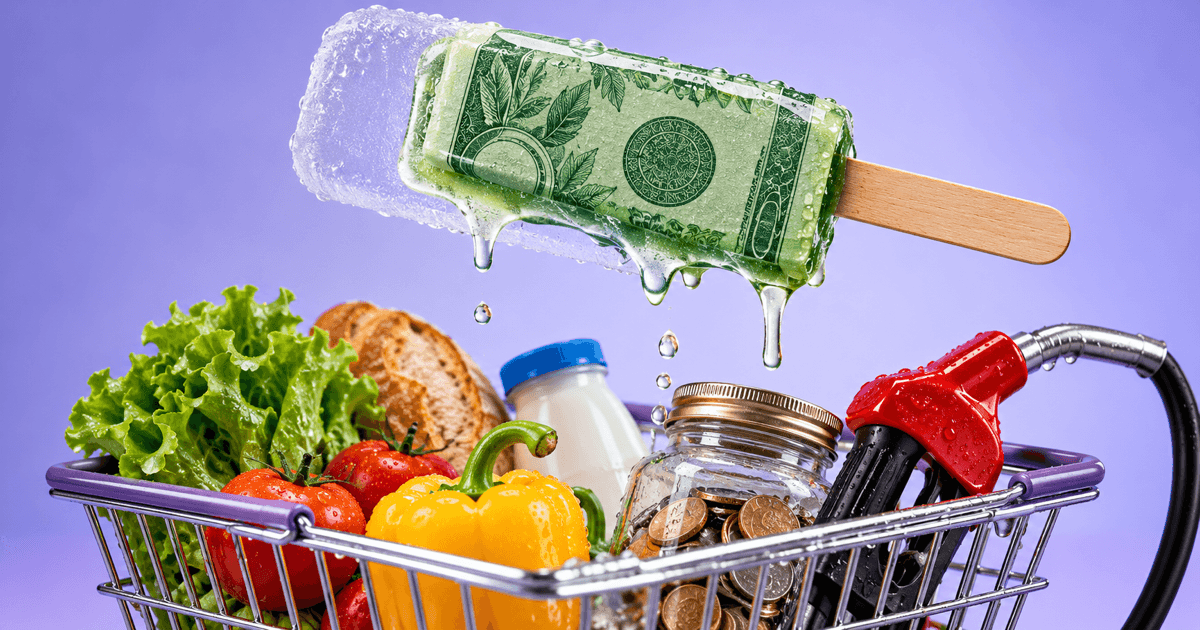 A dollar-bill ice pop melting into a grocery basket under warm kitchen light, its drips pooling around a gas-pump nozzle and a coin jar