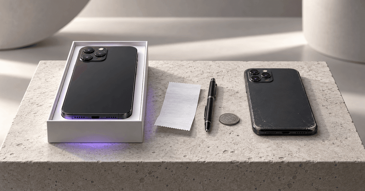 Two smartphones face down on a light desk, one new in its open box and one older with a scuffed corner, with a small receipt and a pen between them