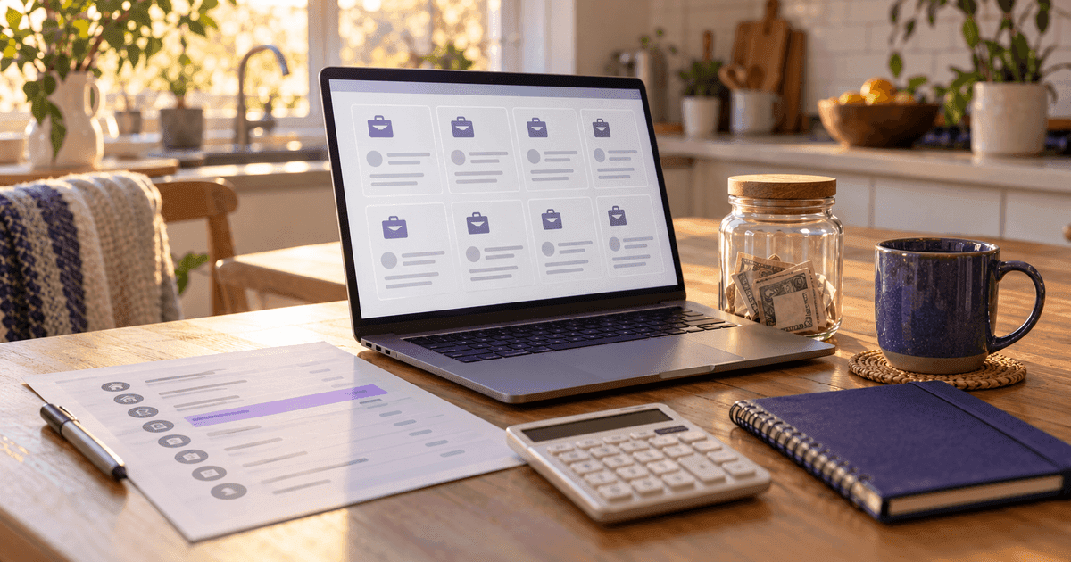 A kitchen table with a laptop showing a job board, a printed household budget, a calculator and a mug, lit by late-afternoon window light