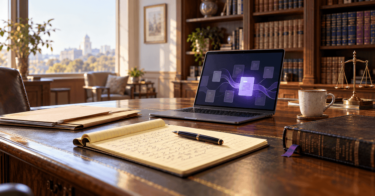 A lawyer's desk in soft daylight with a legal pad, a laptop and a cup of coffee, with restrained violet accents