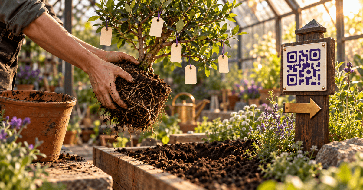 A two-colour linocut print of a small potted tree whose branches end in tags, being replanted from a rented clay pot into open ground beside a signpost