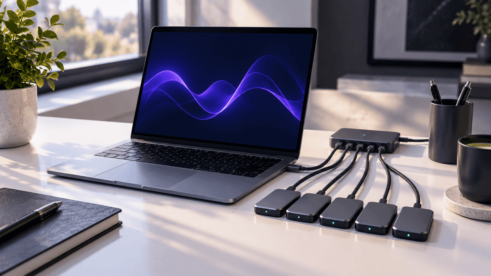 A developer desk: one laptop connected by braided cables to five small modules, each with a green status light, all plugged in and idle
