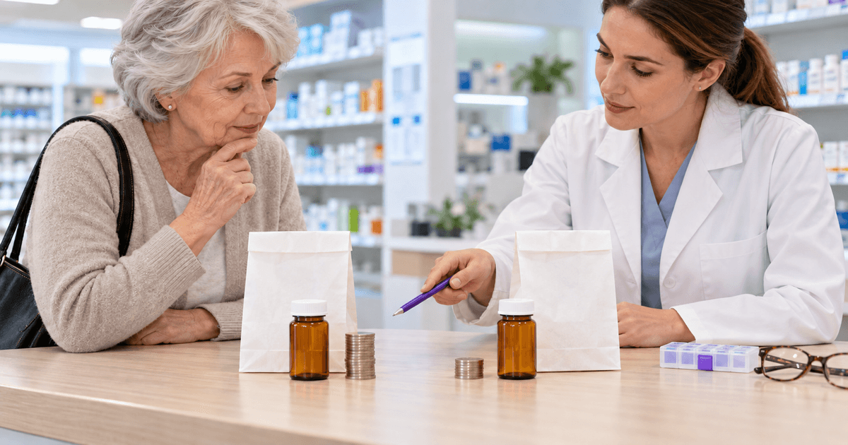 A pill organizer and a wall calendar marked December 7 on a kitchen table beside reading glasses and a Social Security envelope in soft morning light