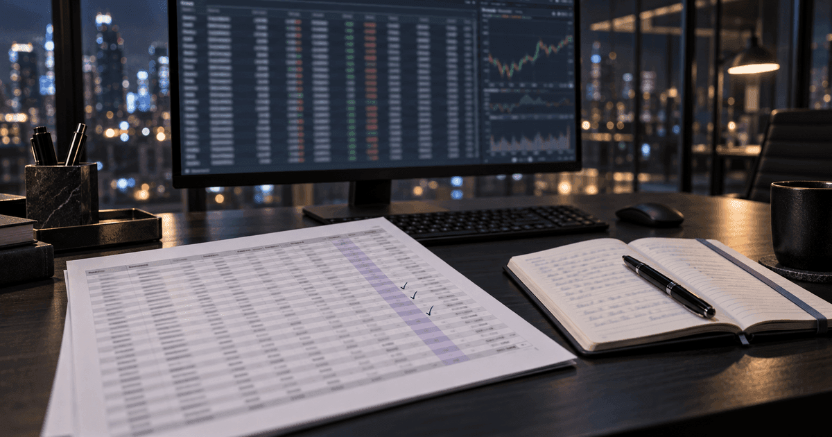A trader's desk with a monitor showing a trade history table, a printed spreadsheet of positions with a highlighted column, and a notebook open beside a coffee cup
