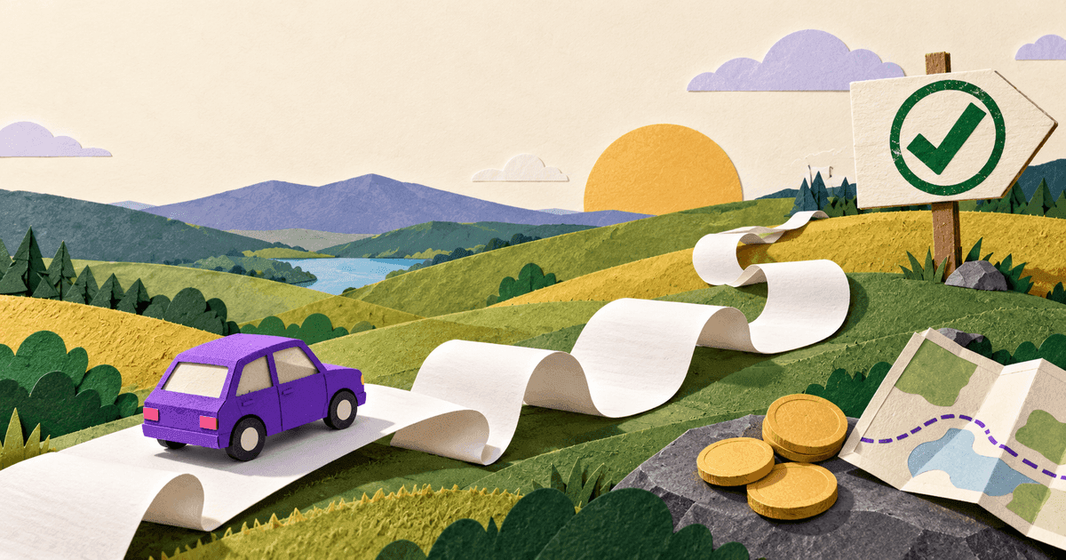 A paper-collage road made of receipt strips winding to a signpost stamped with a green approval mark