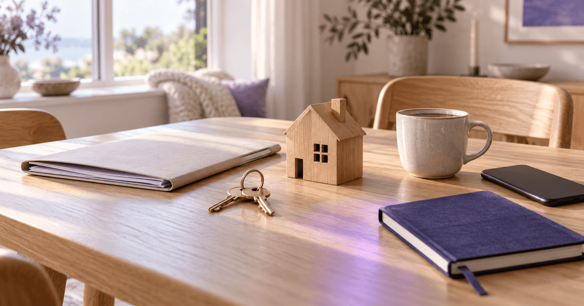 A buyer's desk with house keys, a printed loan estimate face down and a coffee cup beside a small wooden house model, lit by morning light with violet accents