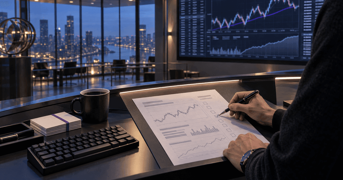 A futures trader reviewing a printed session report beside a wall-mounted market replay screen in a quiet exchange training room