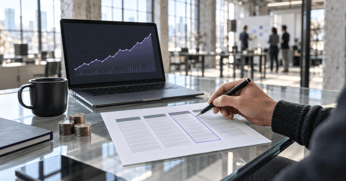 A developer's desk with a laptop showing a usage graph, a printed rate card with four price columns beside it, and a hand holding a pen over the output row