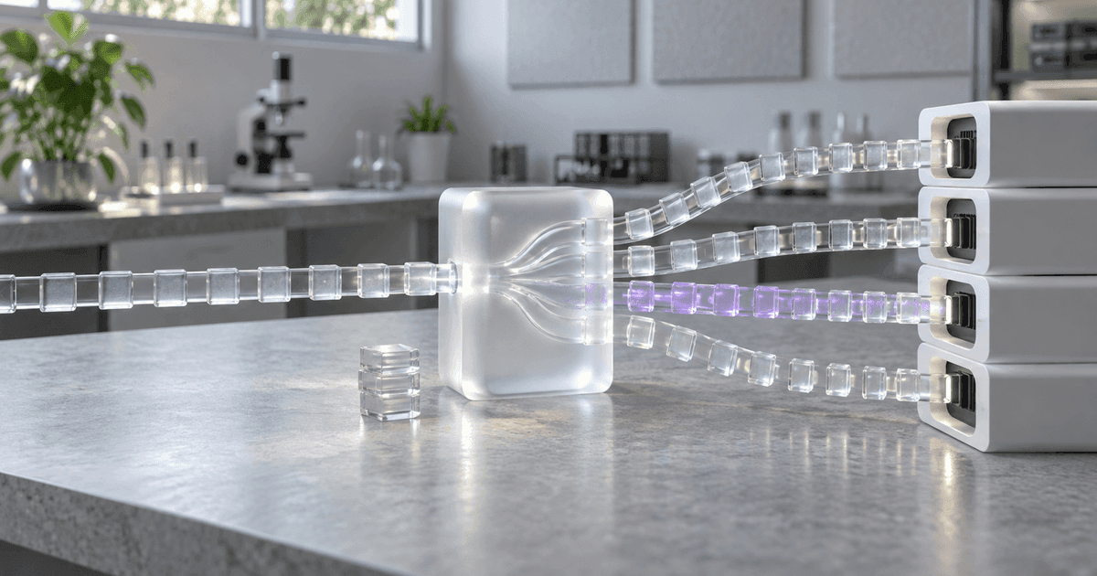 A single glass routing hub on a bright desk splitting one stream of token-like tiles toward several identical server doors, with a restrained violet accent