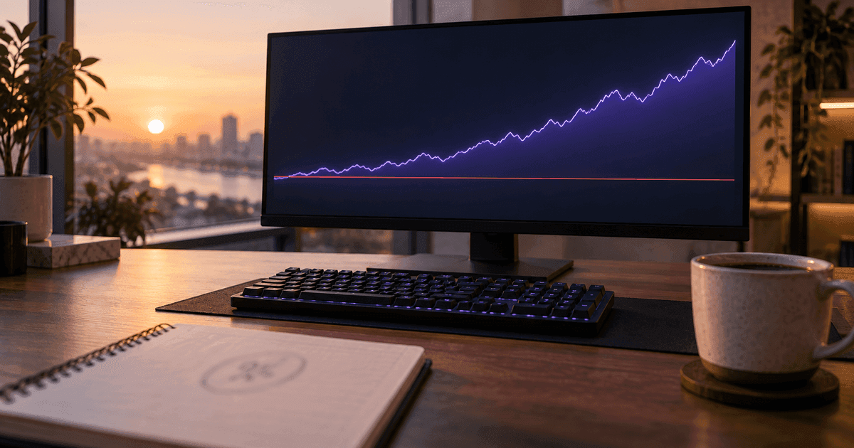 A trader's desk at dawn with a monitor showing a rising equity curve held under a red daily-loss line, and a notebook where one number — the risk per trade — is circled