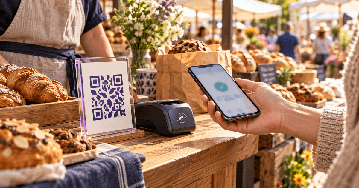 A small framed payment QR sign on a wooden market-stall counter beside a card reader and a phone, with a restrained violet accent