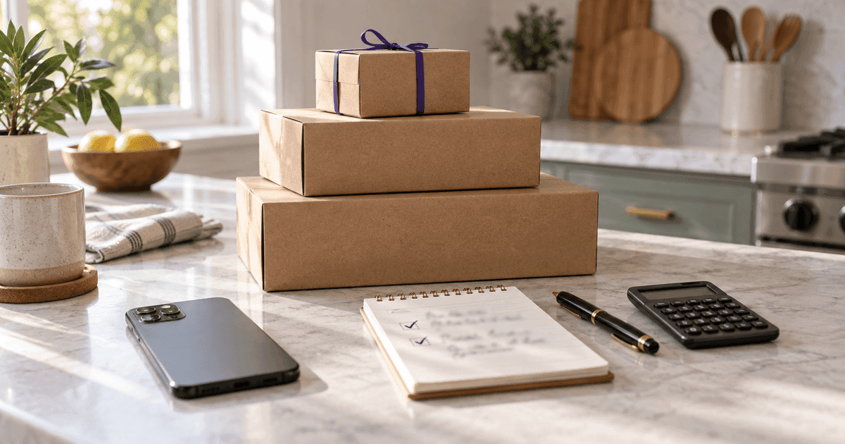 Unbranded cardboard parcels on a bright kitchen counter beside a handwritten shopping list and a small calculator, with a restrained violet accent