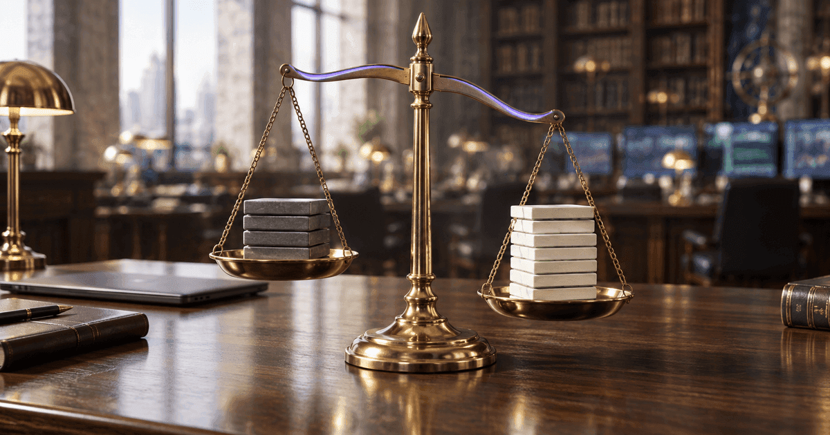 An old brass balance scale on a trader's desk tipping gently toward a heavier stack of green-edged tiles, with a restrained violet accent