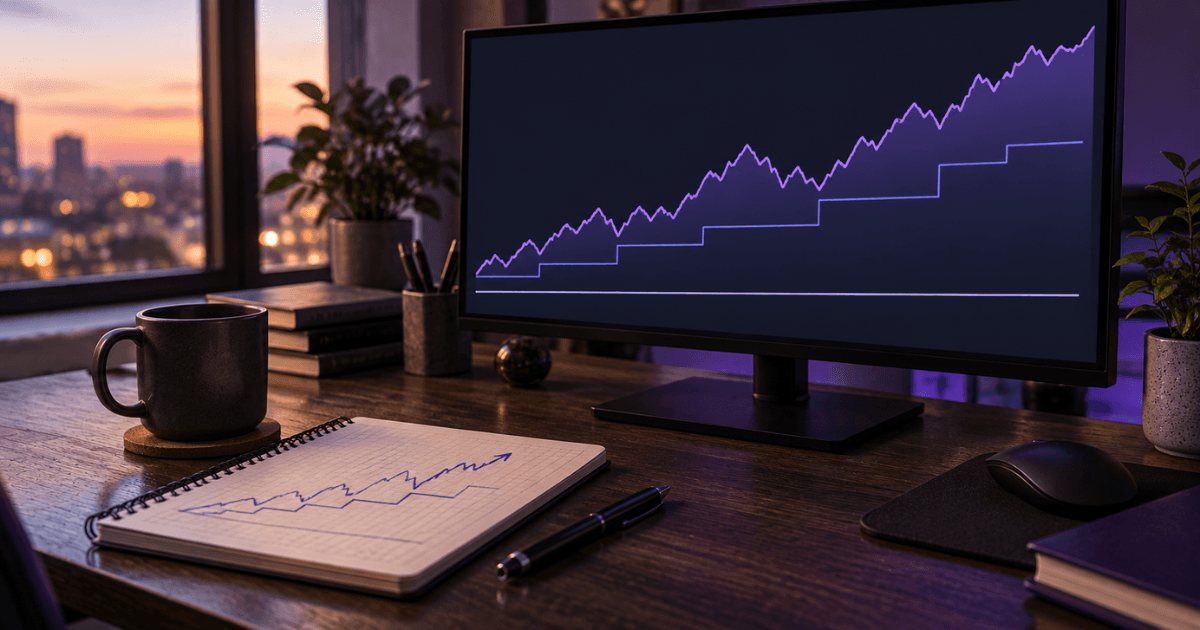 A trader's desk with an equity curve on the monitor and a red horizontal floor line that steps upward beneath it, a notebook beside the keyboard with the day's loss limits written down