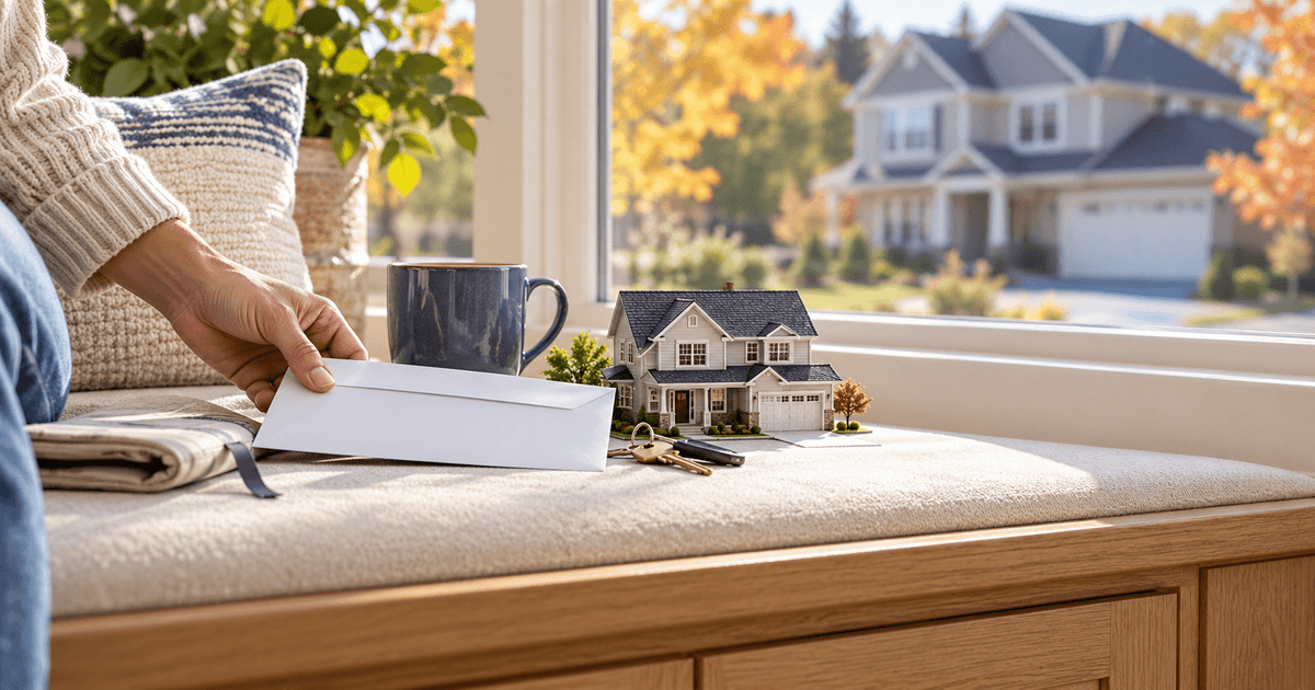 A property tax bill envelope and house keys on a kitchen table beside a mug, in soft morning window light