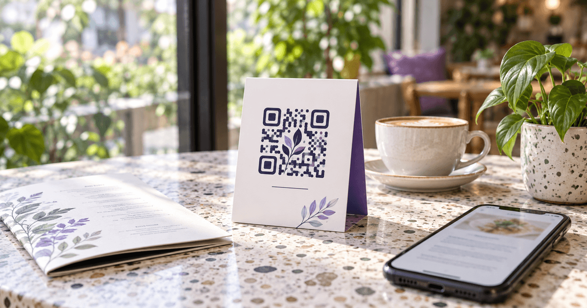 A printed PDF menu and a small table tent with a QR code on a bright café table, a phone beside it showing an open document, with a restrained violet accent