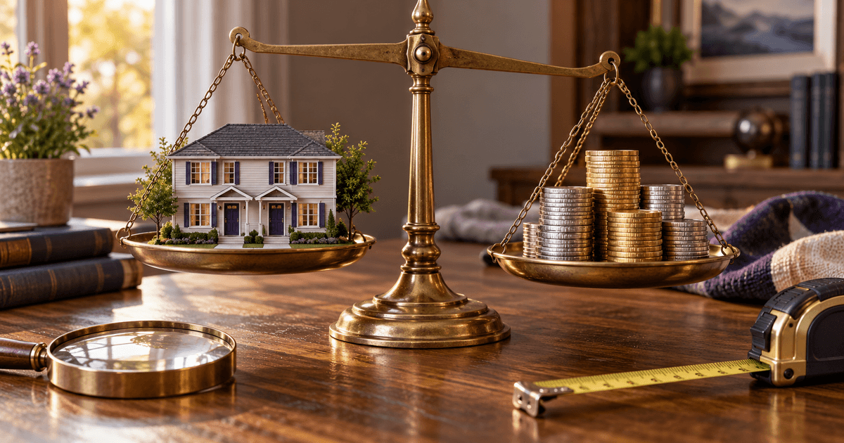 A small duplex model on an old brass balance scale, weighed against a neat stack of coins, with a tape measure and a magnifying glass on the wooden table