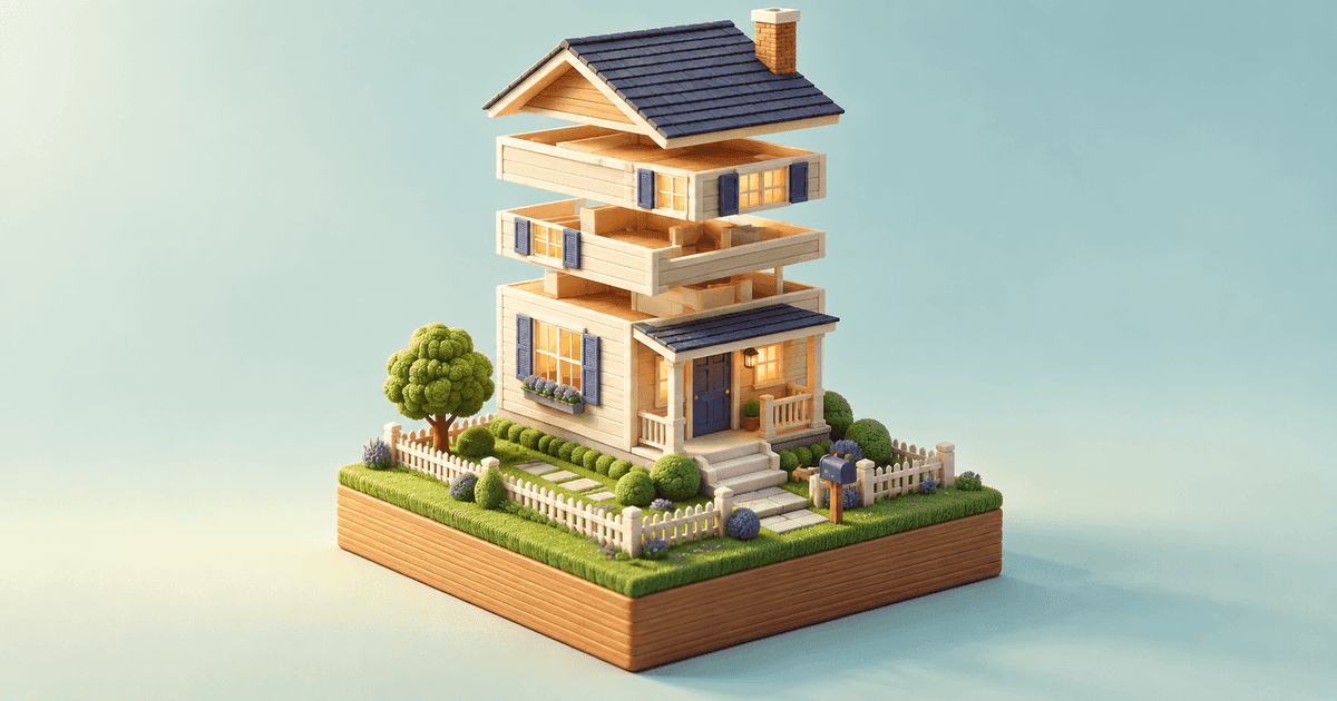 An isometric miniature of a rental house whose building lifts off its plot of land in thin slices, like pages being torn from a calendar