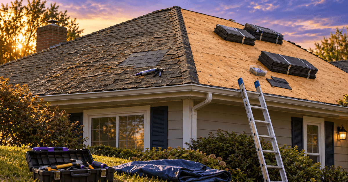A rental house mid-reroof: one half of the roof stripped to bare decking and the other half finished in new shingles, with a ladder and a contractor's toolbox in the yard