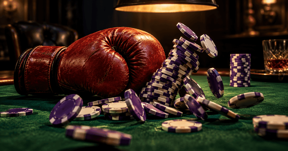 A red boxing glove resting on a scattered stack of casino chips on a dark felt table, a few chips knocked over, lit by a single warm lamp