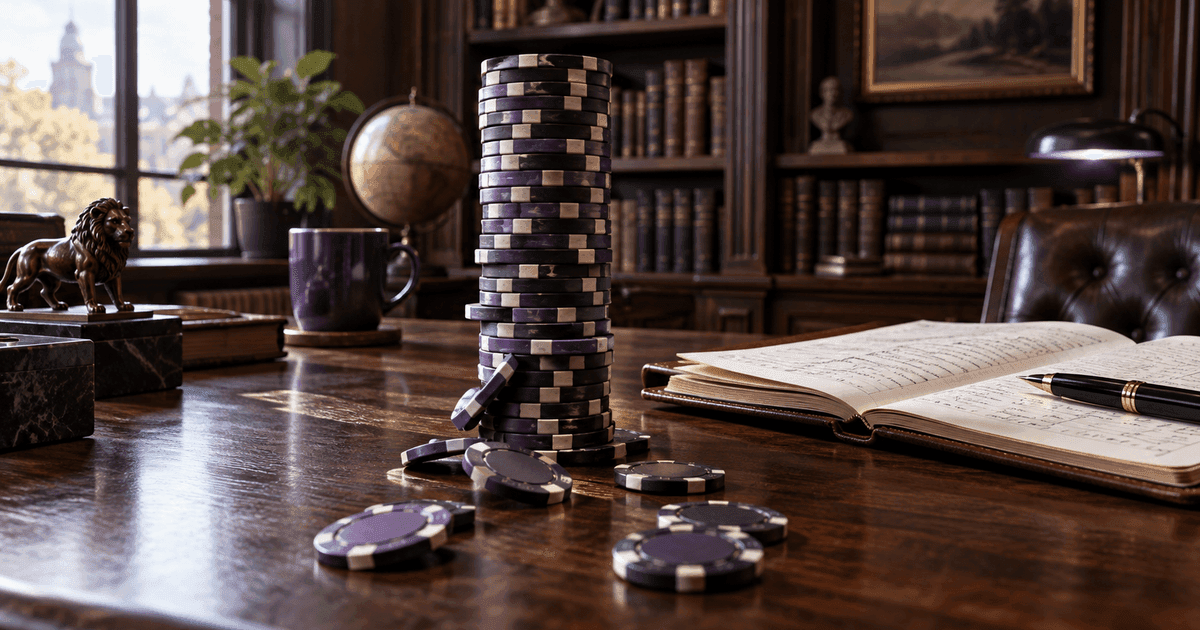 A tall stack of trading chips on a dark walnut desk beside a notebook of trade records, with a few chips knocked loose and a soft violet desk light