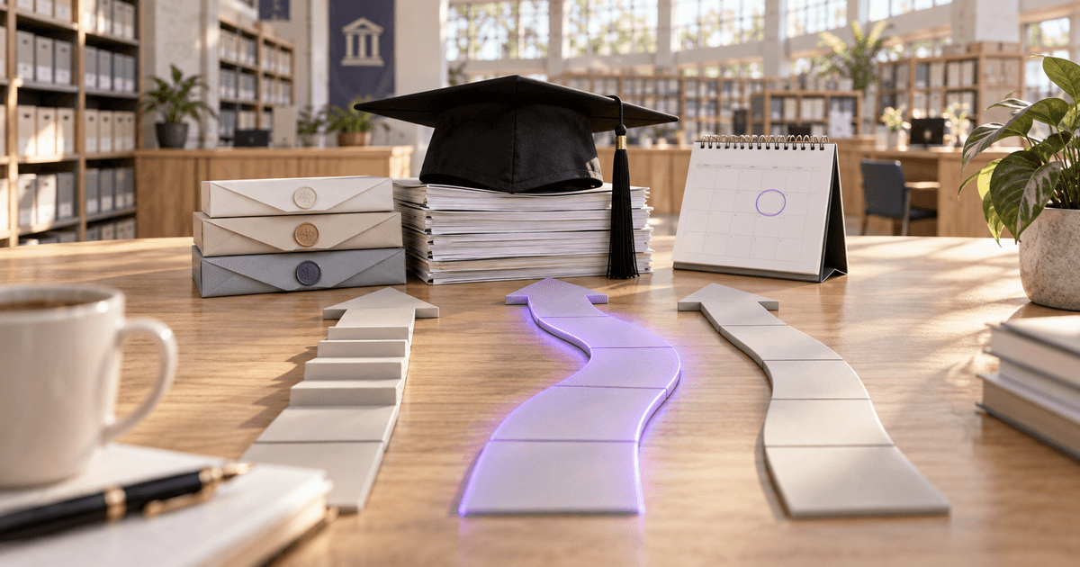 A graduation cap resting on a stack of paperwork beside a calendar with one date circled, three small paths of tiles leading away on a bright desk, with a restrained violet accent
