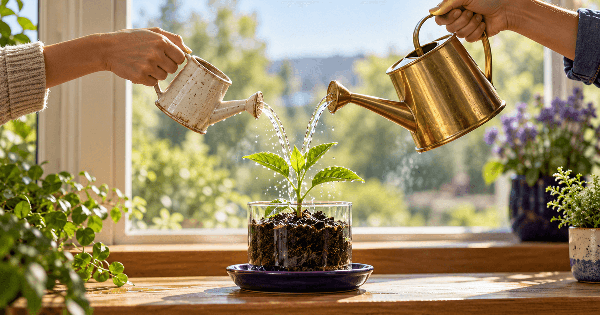 Two hands each dropping a coin into one clear glass jar holding a growing seedling, on a sunlit wooden table