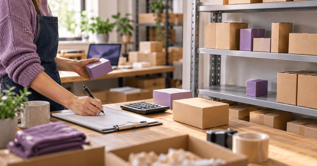 Small online-shop owner counting boxes and calculating a reorder point