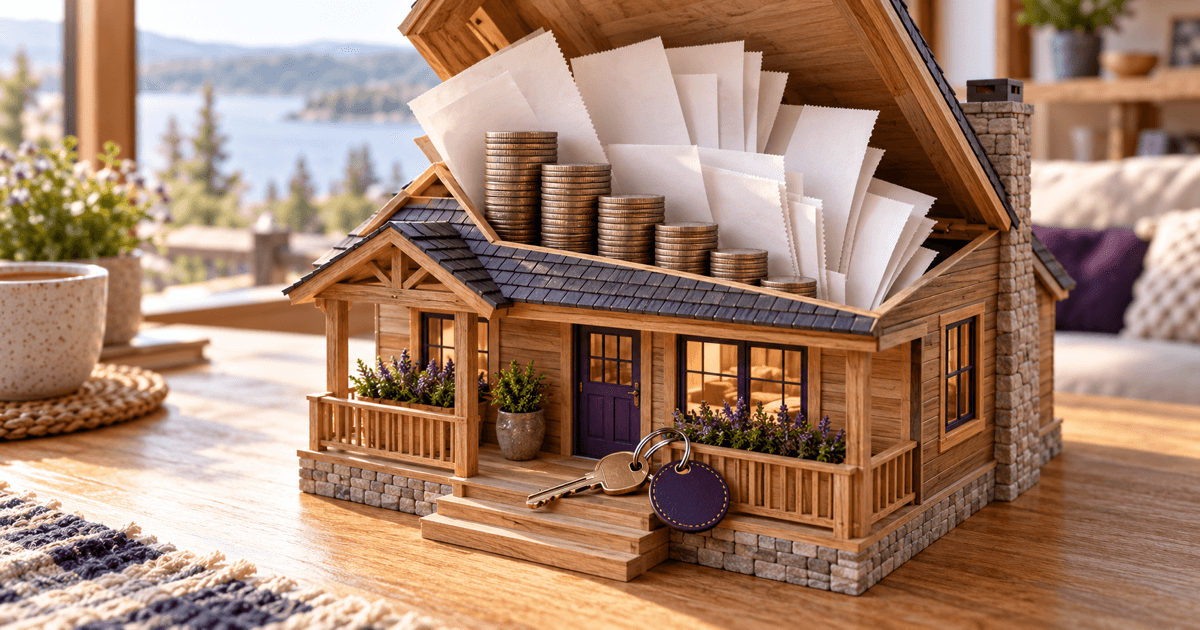 A miniature vacation cottage with a key-ring tag on its porch; its roof lifts open and a fan of receipts and a shrinking stack of tax-bill coins spill out of it
