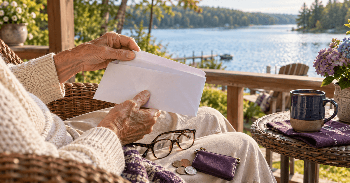 An envelope and a pair of reading glasses on a kitchen table beside a cup of coffee and a small stack of coins in soft morning light, with a restrained violet accent