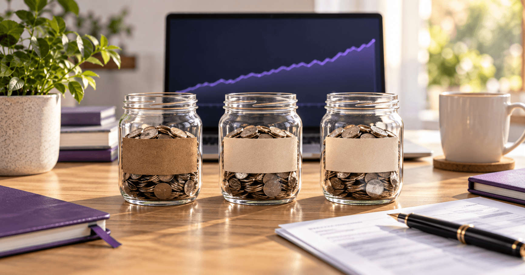 Three identical glass jars of coins on a desk, one with a slightly thicker label, beside a phone showing a flat index chart