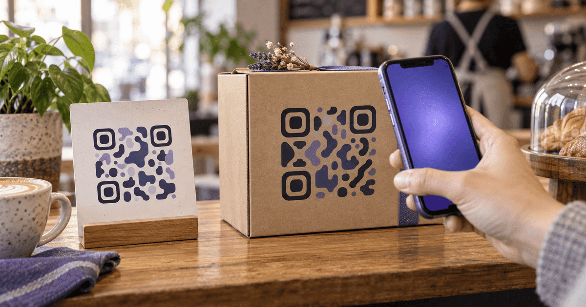 Two printed QR codes side by side on a wooden counter — one on a Wi-Fi card, one on a product box — with a phone scanning the box