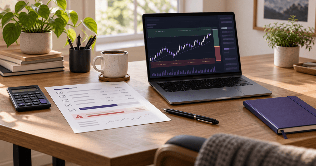 A futures trader reviewing a prop-firm risk plan beside a trading screen with restrained purple desk accents