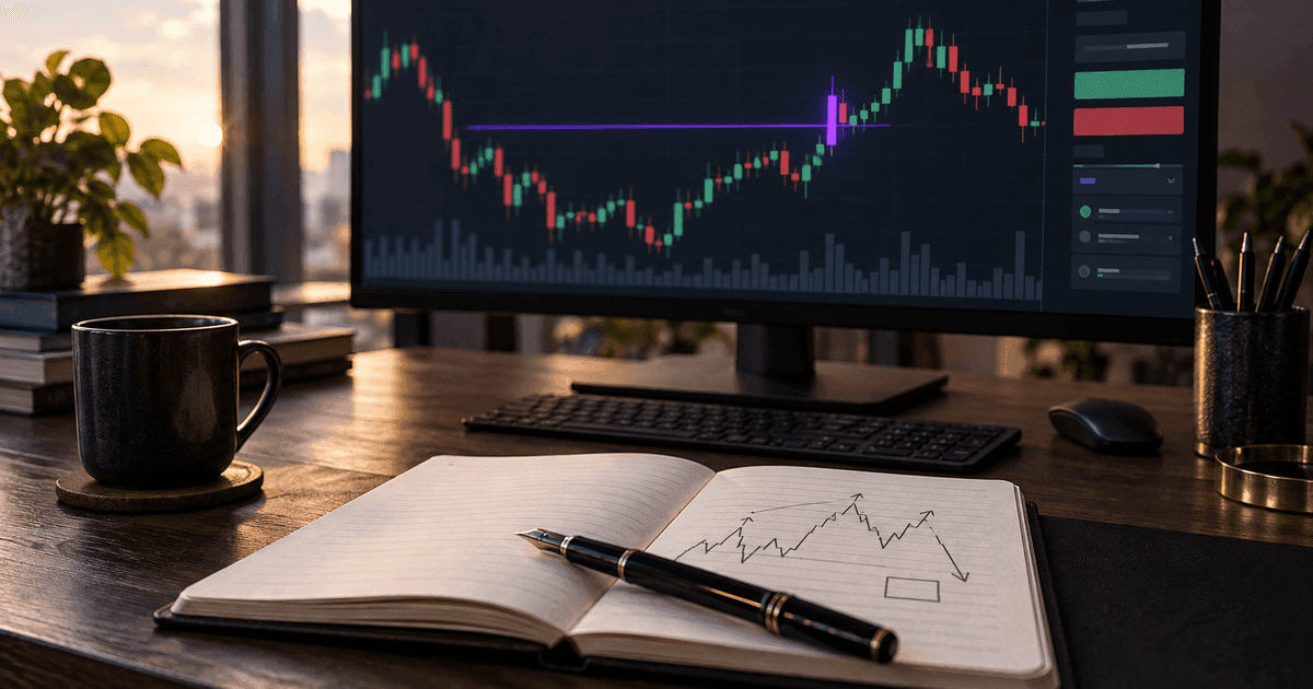 A trader's desk with a monitor showing a candlestick chart and an order panel, a notebook open to a handwritten trade plan, and a pen resting on it