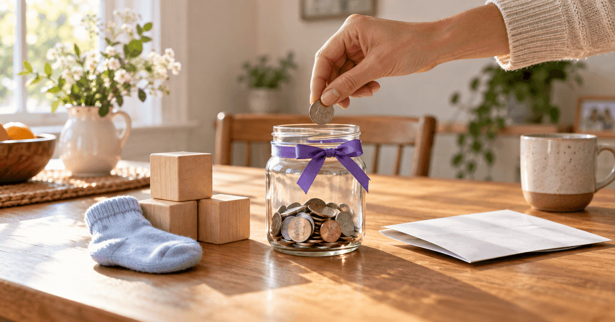 A parent's hand placing a single coin into a small glass jar on a kitchen table beside a baby's wooden blocks and a folded letter, morning light through the window
