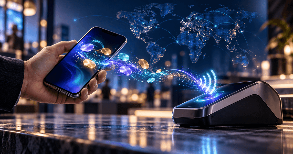 A smartphone sending abstract digital value toward a contactless payment terminal against a glowing world map