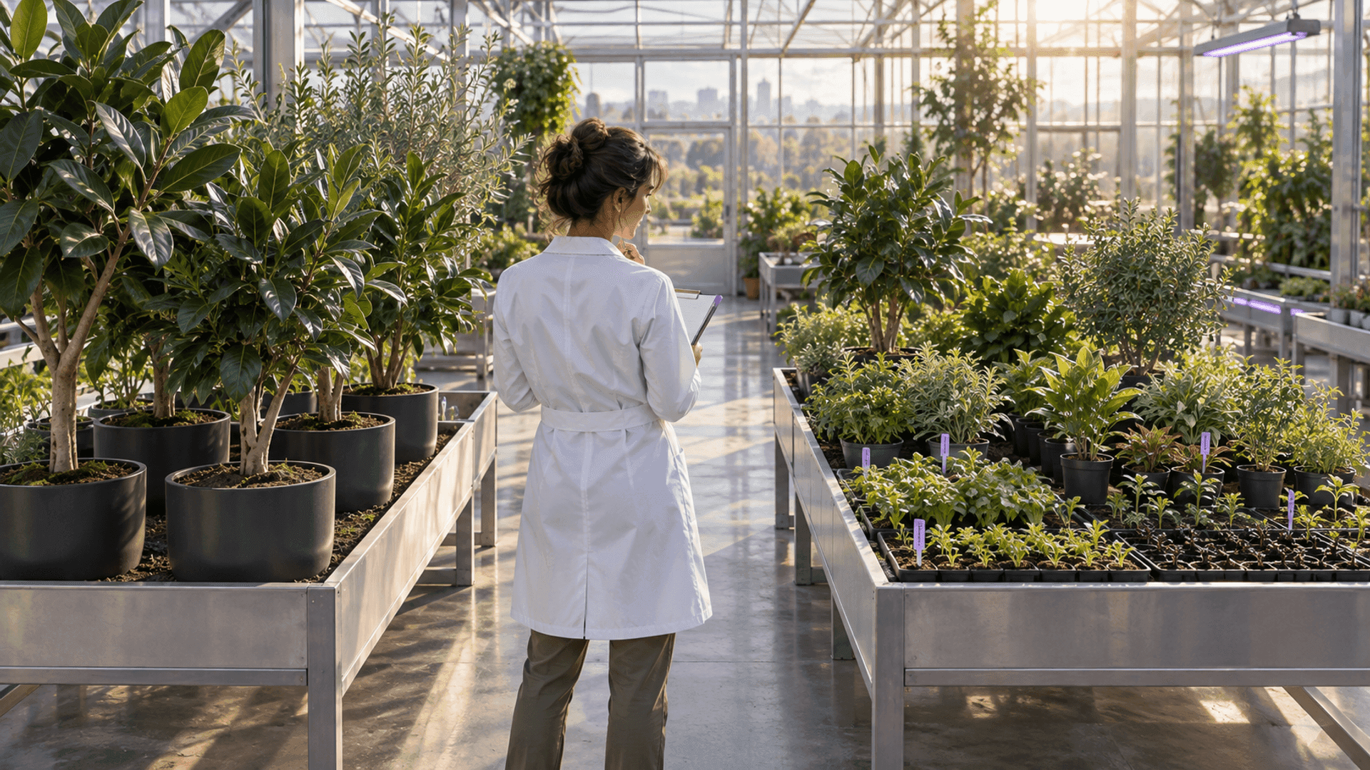 A greenhouse researcher comparing a bay of mature plants with a broader collection of large and small plants