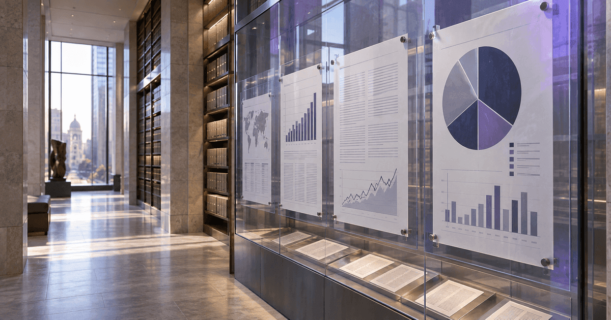 Portfolio reports and allocation charts displayed on a glass research wall in a modern financial archive