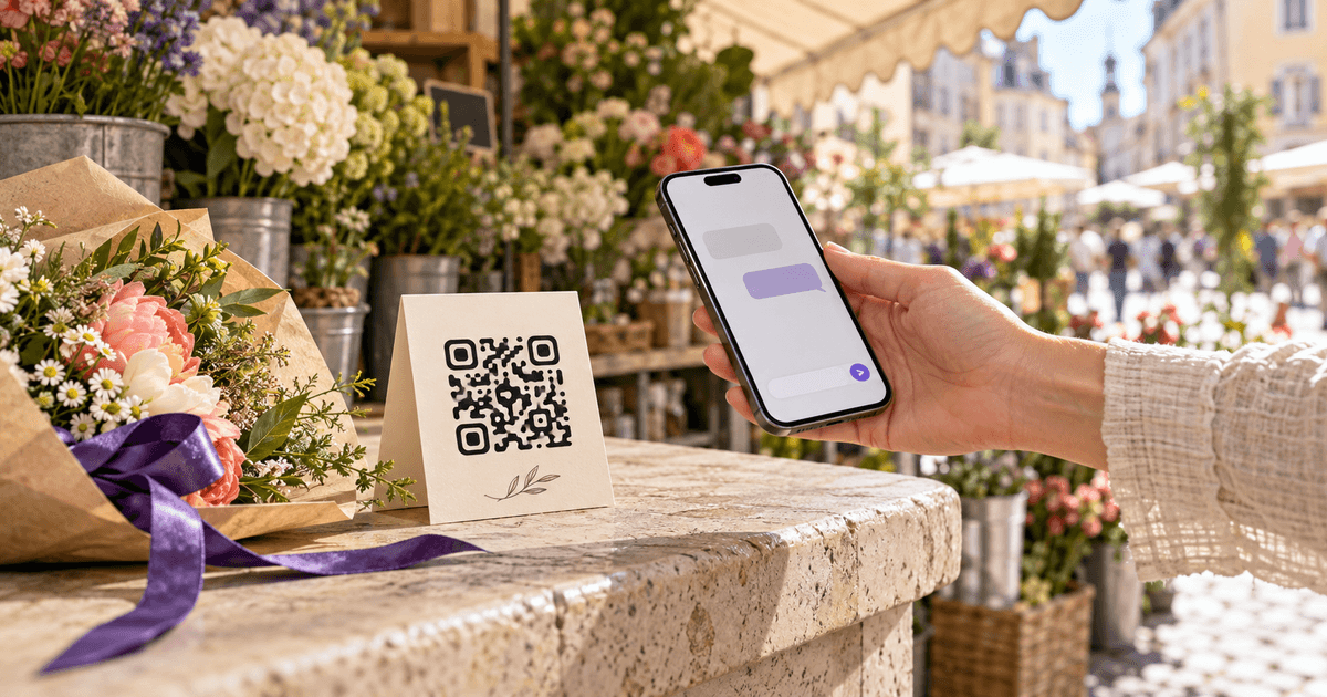 A customer scanning a small QR contact card at a colorful outdoor florist kiosk with bouquets and a restrained violet ribbon