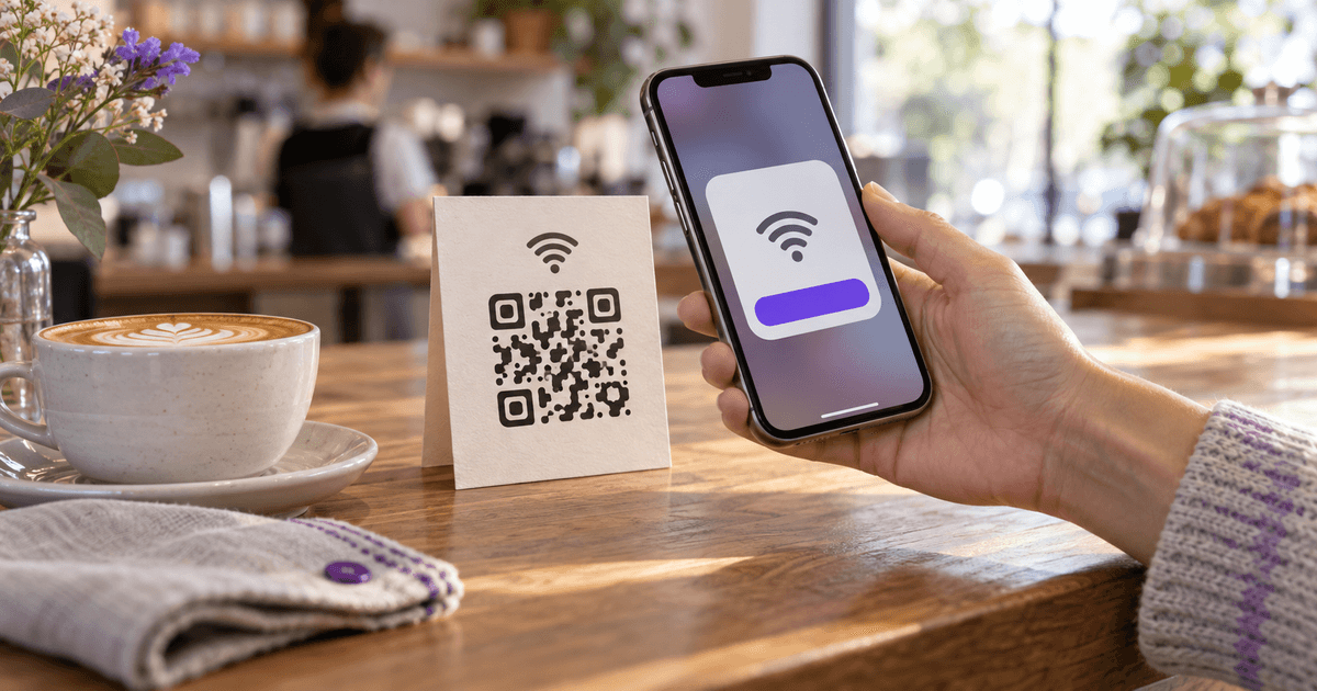 A small printed card with a QR code standing on a café counter beside a coffee cup, with a hand holding a phone over it showing a Join Network prompt