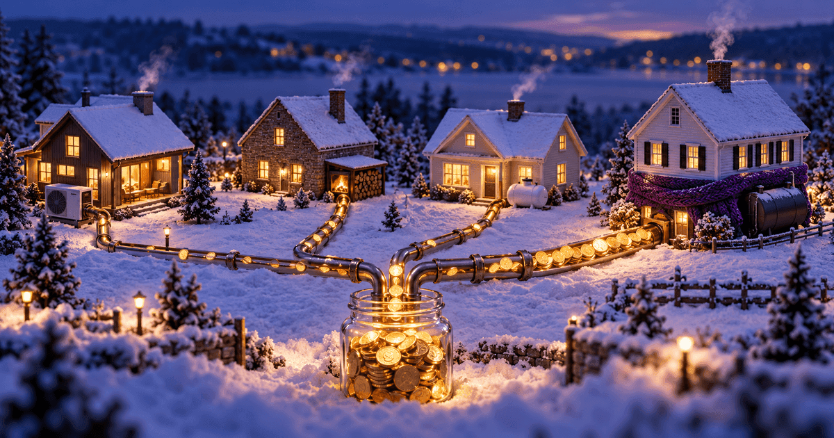 A tilt-shift photograph of a snowy miniature neighbourhood diorama where streams of coins from a glass jar feed each little house's chimney, one house wrapped in a knitted blanket