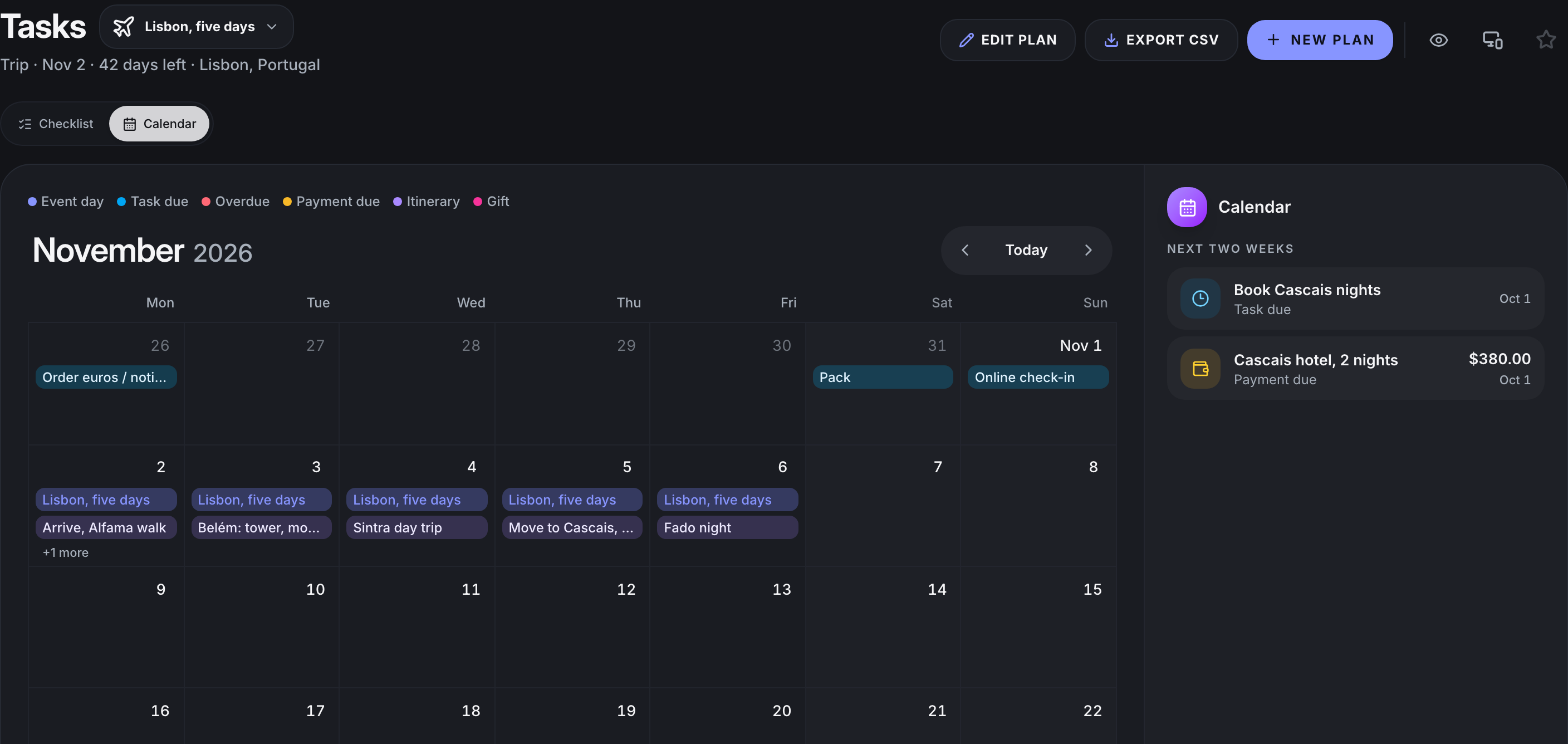 The calendar — the work's span, the tasks, the payments
