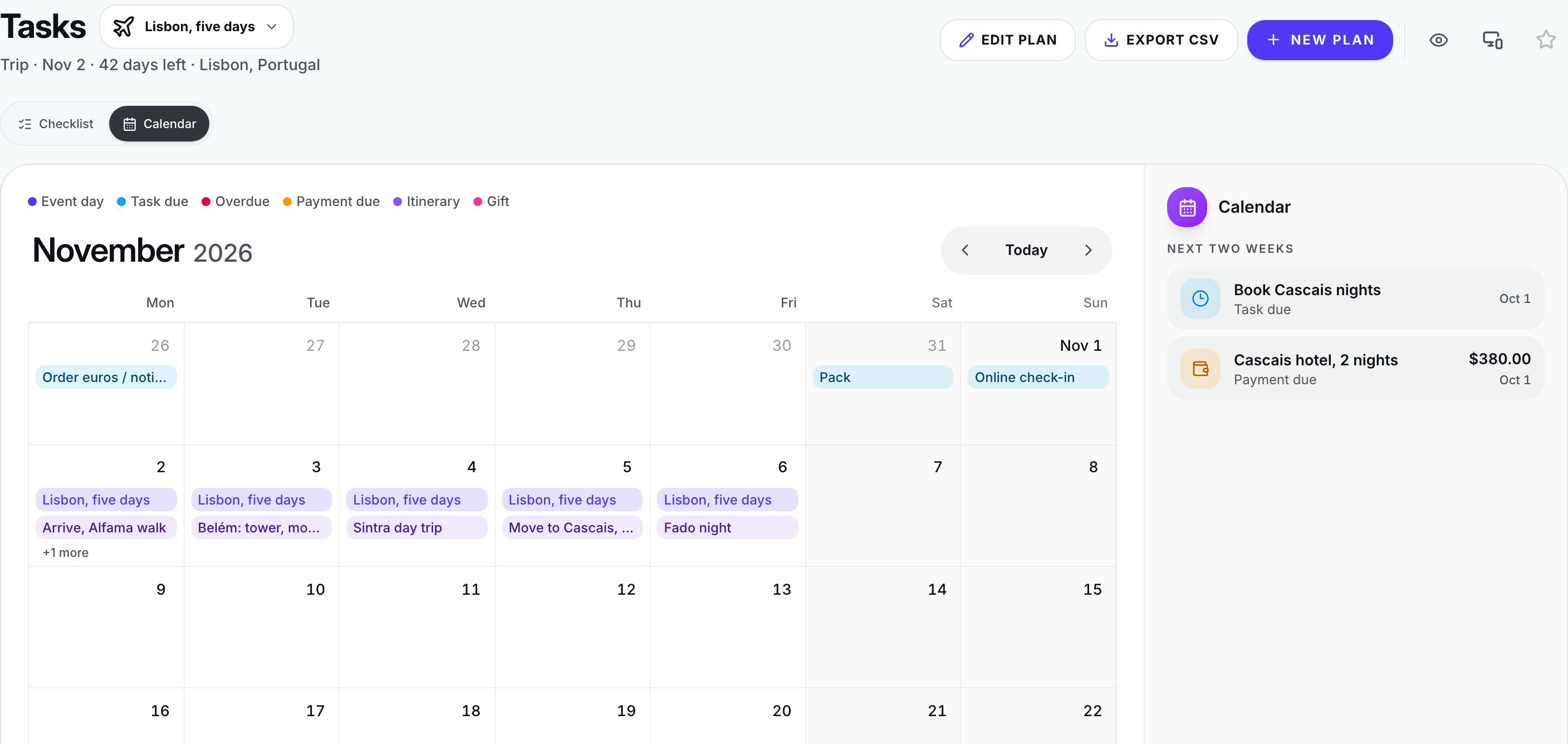 The calendar — the work's span, the tasks, the payments