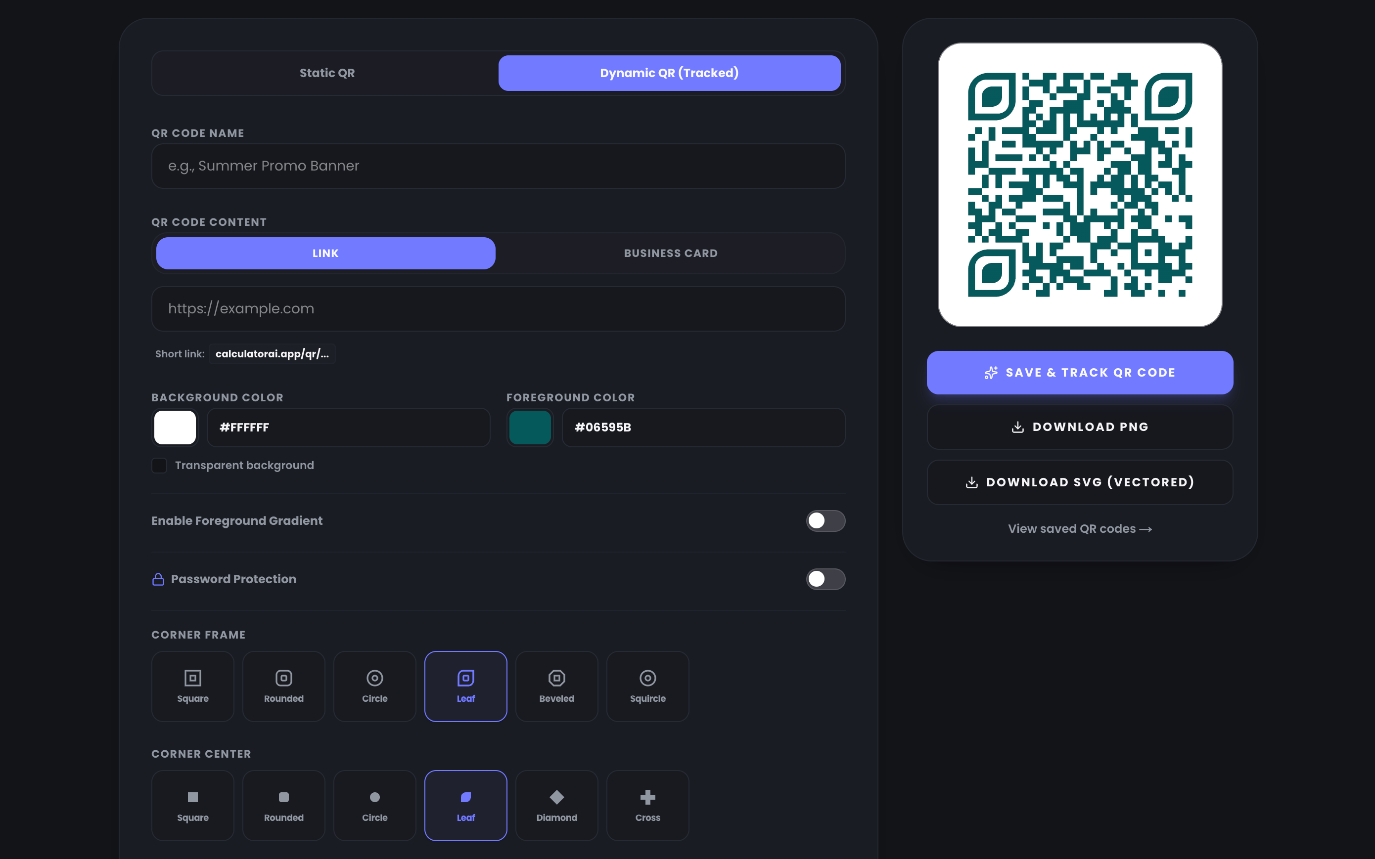 The CalculatorAI QR code generator with colour, shape and logo controls