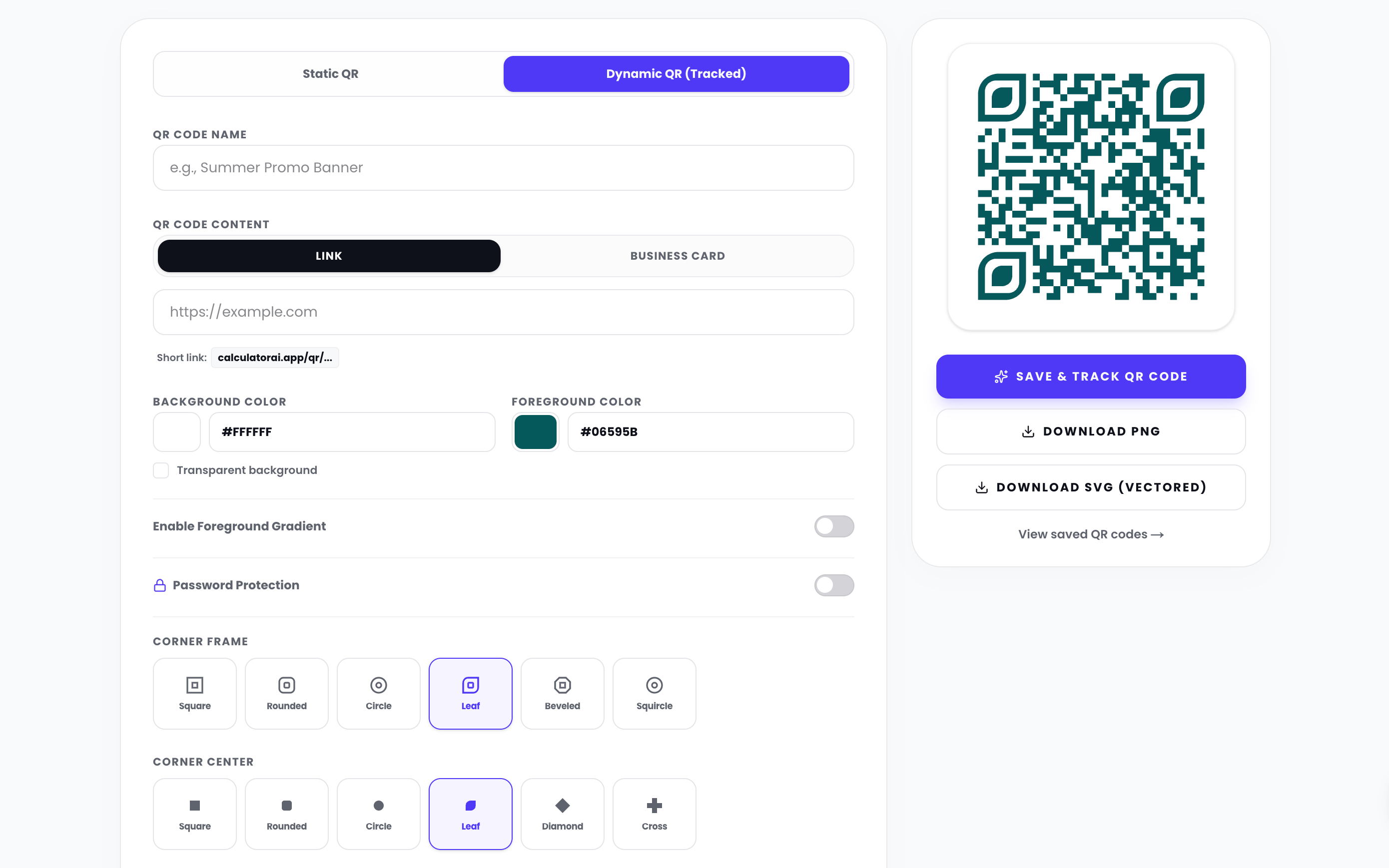 The CalculatorAI QR code generator with colour, shape and logo controls
